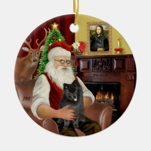 Ornement Rond En Céramique Pomeranian noir de Père Noël