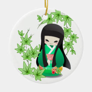 Ornement Rond En Céramique Poupée japonaise Geisha - série verte