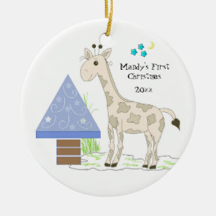 Ornement Rond En Céramique Premier Noël de bébé girafe