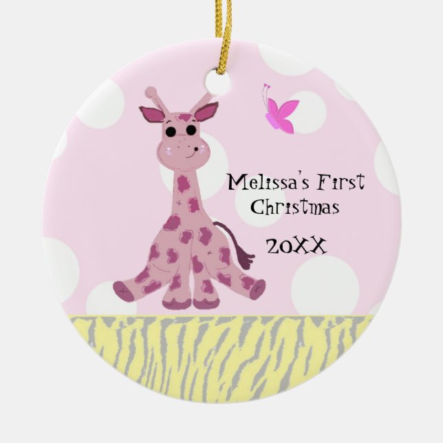 Ornement Rond En Céramique Premier Noël de bébé girafe (Devant)
