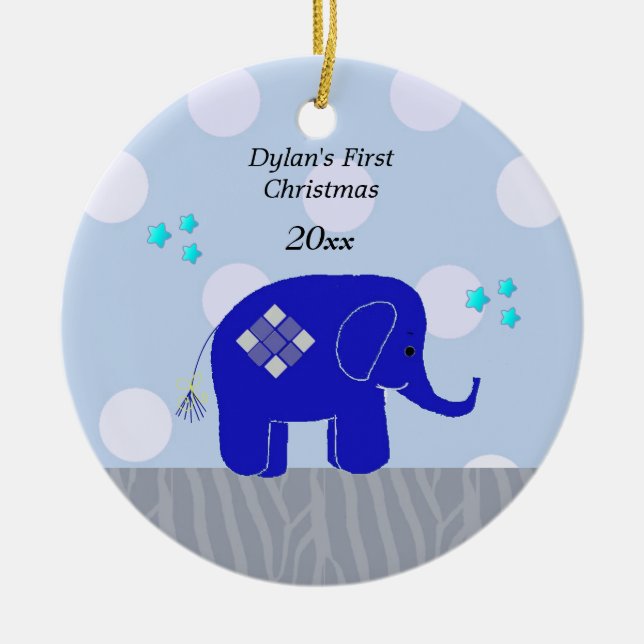 Ornement Rond En Céramique Premier Noël de l'éléphant bleu (Devant)
