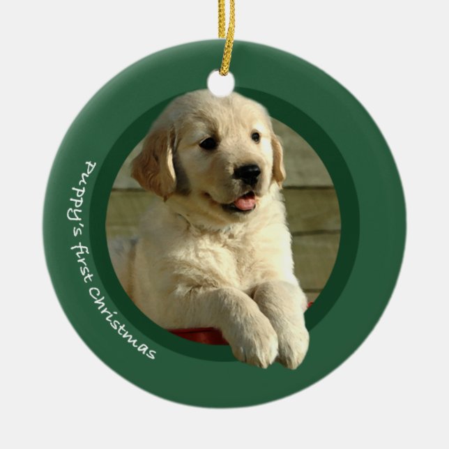 Ornement Rond En Céramique Premier Noël du chiot (golden retriever) (Devant)
