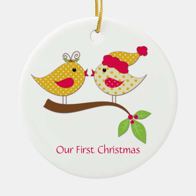 Ornement Rond En Céramique Premier Noël Jaune Polka Inséparables (Devant)