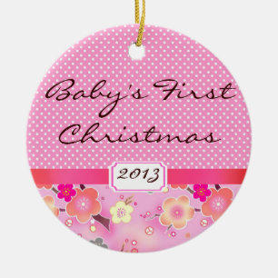 Ornement Rond En Céramique Premier rose Sakura d'ornement de Noël de bébé
