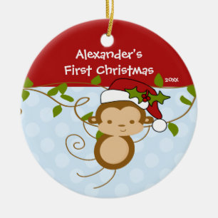 Ornement Rond En Céramique Premier singe de Père Noël de garçon d'ornement de