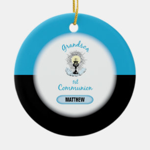 Ornement Rond En Céramique Première communion de Grand-fils, Coupe bleue