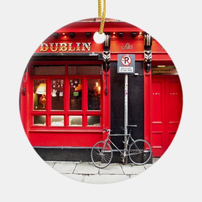 Ornement Rond En Céramique Pub rouge de Dublin (Devant)