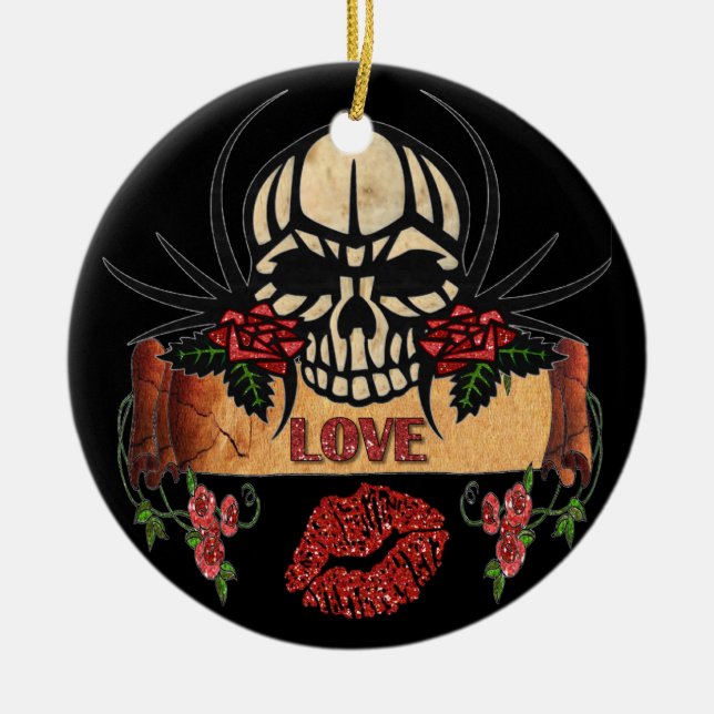 Ornement Rond En Céramique RAB Rockabilly Crâne Roses Love Lipstick (Devant)