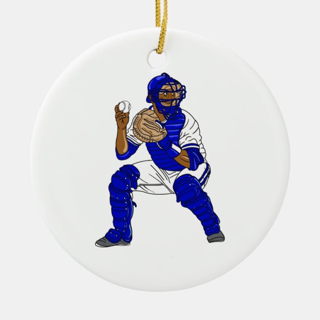 Ornement Rond En Céramique Receveur bleu de base-ball (Devant)