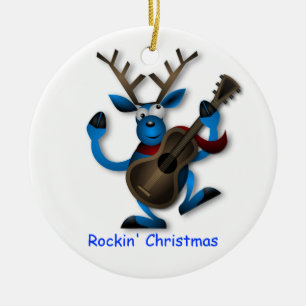 Ornement Rond En Céramique Renne de danse avec Noël de Rockin de guitare