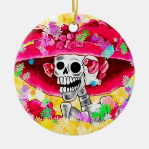Ornement Rond En Céramique Rire Skeleton Woman dans Red Bonnet