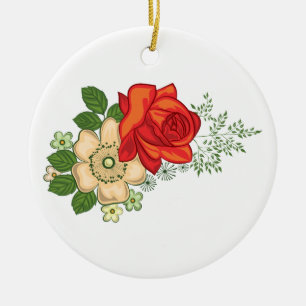 Ornement Rond En Céramique Rose rouge et marguerites