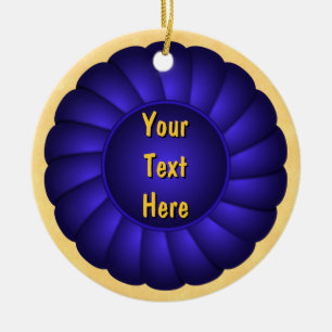 Ornement Rond En Céramique Rosette de ruban bleu à personnaliser