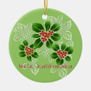 Ornement Rond En Céramique Rouge hawaïen de Noël de Mele Kalikimaka de houx