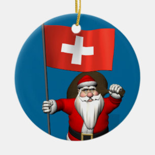 Ornement Rond En Céramique Santa Claus With Ensign Of Switzerland
