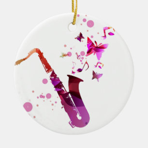 Ornement Rond En Céramique Saxophone musique mignonne et papillons