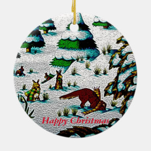 Ornement Rond En Céramique scène mignonne de neige de renard et de Noël de