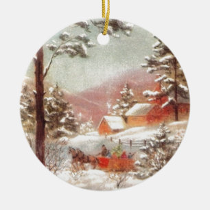 Ornement Rond En Céramique Scène vintage d'hiver
