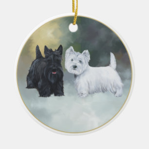 Ornement Rond En Céramique Scottie Westie Hiver