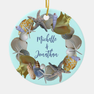 Ornement Rond En Céramique Seashell Wreath Names and Year Orament