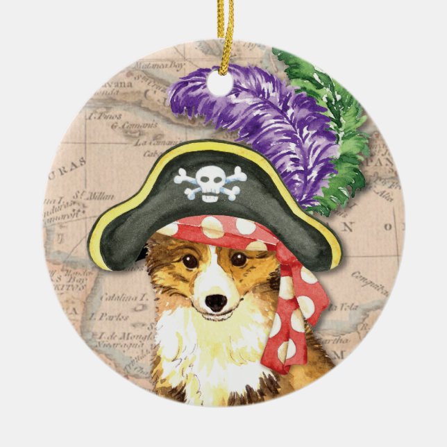 Ornement Rond En Céramique Sheltie Pirate (Devant)