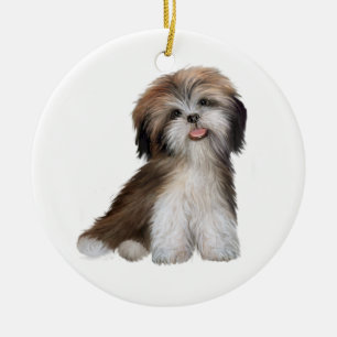 Ornement Rond En Céramique Shih Tzu - marron et blanc #2