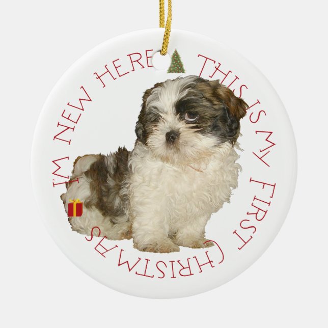 Ornement Rond En Céramique Shih Tzu Puppy Premier Noël (Devant)