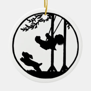Ornement Rond En Céramique Silhouette noire et blanche, garçon, oscillation,
