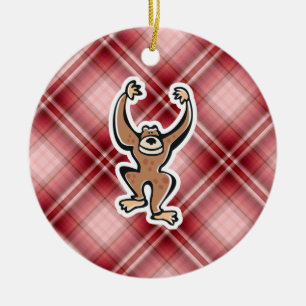 Ornement Rond En Céramique Singe mignon de plaid rouge