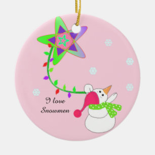 Ornement Rond En Céramique Snowman avec lumières et étoile
