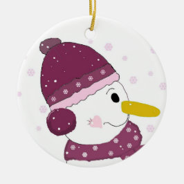 Ornement Rond En Céramique Snowman en Casquette violet et écharpe