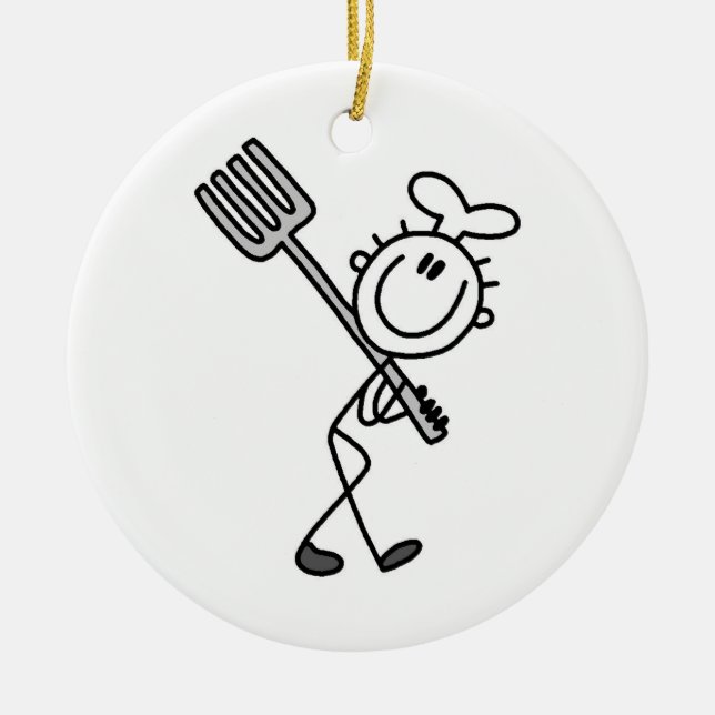 Ornement Rond En Céramique Stick Figure Chef Avec Fourche (Devant)
