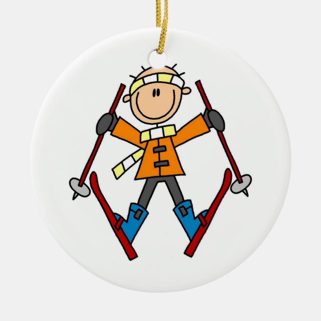 Ornement Rond En Céramique Stick Figure Skier T-shirts et cadeaux (Devant)