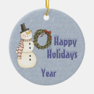 Ornement Rond En Céramique Style primitif Snowman & Maison - Joyeuses vacance