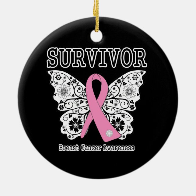 Ornement Rond En Céramique SURVIVEUR - Papillon du cancer du sein (Dos)