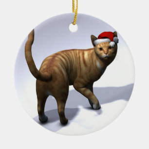 Ornement Rond En Céramique Tabby orange avec chapeau de Père Noël