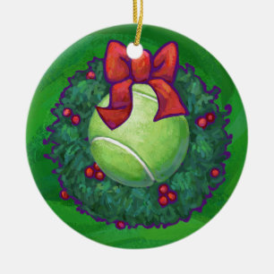 Ornement Rond En Céramique Tennis Ball Christmas Wreath on Green