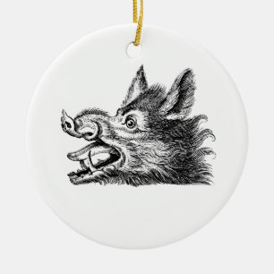 Ornement Rond En Céramique Tête vintage de sanglier Dessin BW