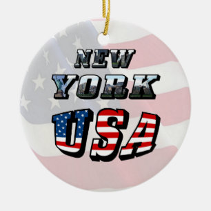 Ornement Rond En Céramique Texte de l'image de New York et du drapeau des Éta