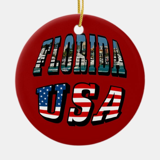 Ornement Rond En Céramique Texte du drapeau de l'État de Floride et des États (Devant)