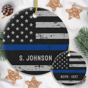 Ornement Rond En Céramique Thin Blue Line - Police Officer - American Flag