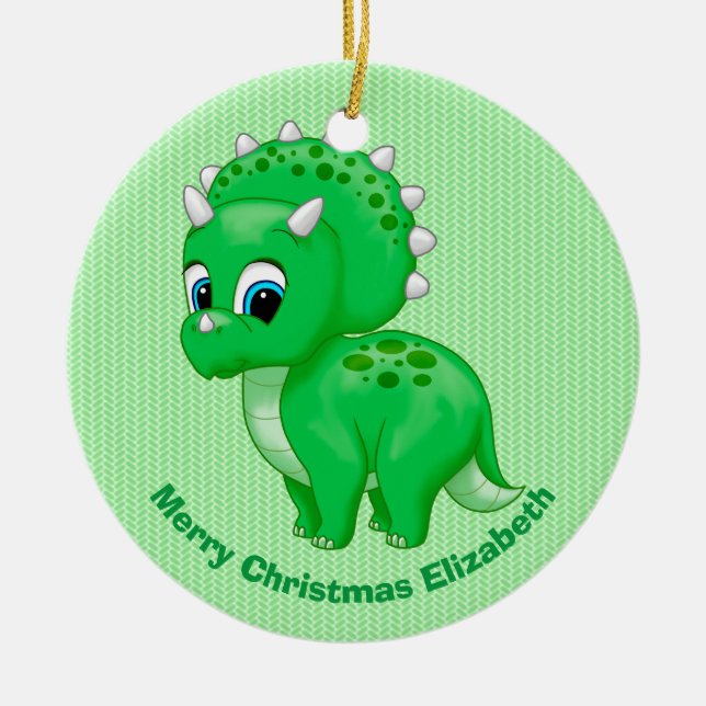 Ornement Rond En Céramique Tricératops Bébé Vert Cute Dinosaur (Devant)