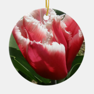 Ornement Rond En Céramique Tulipe à franges roses Personnalisée Anniversaire