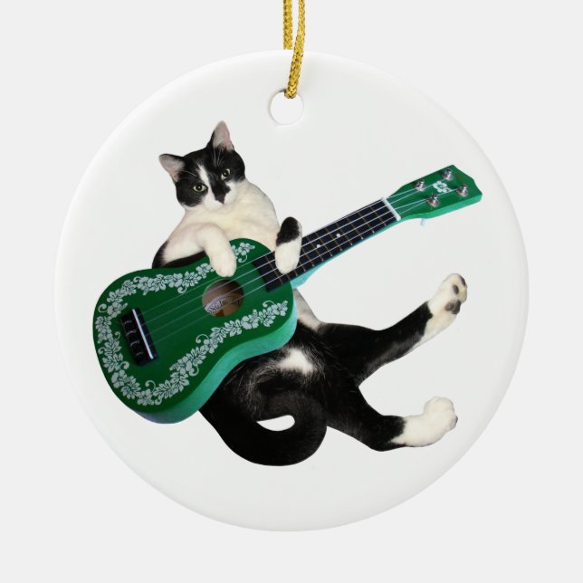 Ornement Rond En Céramique Ukulélé de chat (Devant)