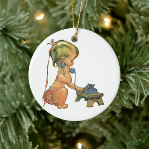 Ornement Rond En Céramique Vintage enfant mignonne blond fille parler sur le 