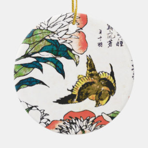 Ornement Rond En Céramique Vintage Japanese drawing, Peonies and Sparrow