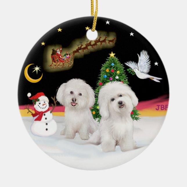 Ornement Rond En Céramique Vol de nuit - Deux Bichon Frise (Devant)