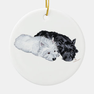 Ornement Rond En Céramique Westie & Scottie at Ease