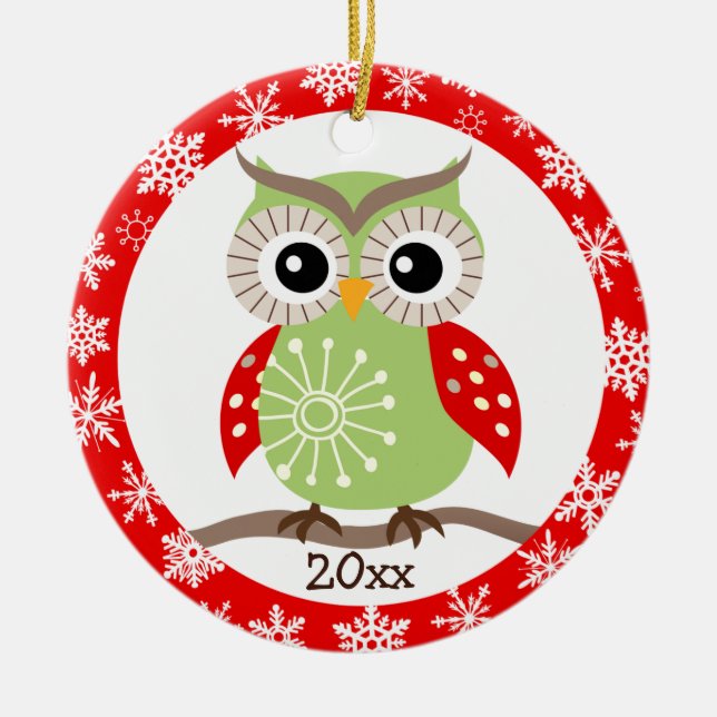 Ornement rouge de salutations de Noël de hibou (Devant)
