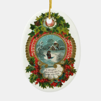 Ornement vintage d'ovale de scène de Noël